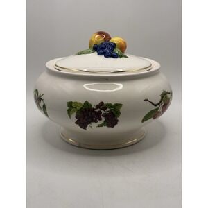 Vtg 1980s Lidded Serving Bowl Fruit Pattern Gold Trim 8" Ceramic Teleflora